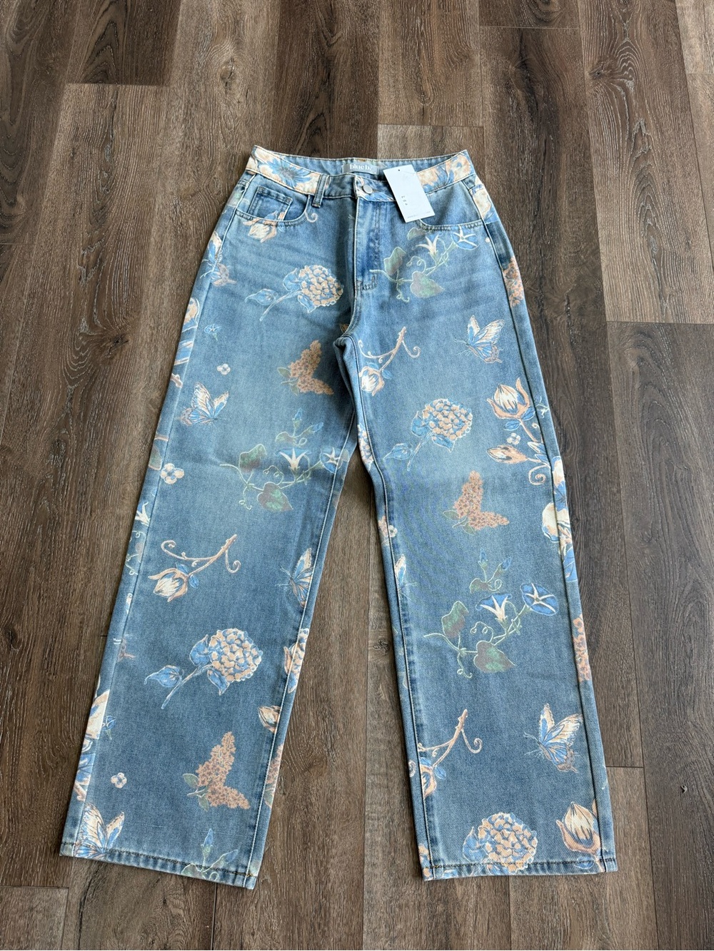 Women's Floral Print Wide Leg Jeans - Blue
